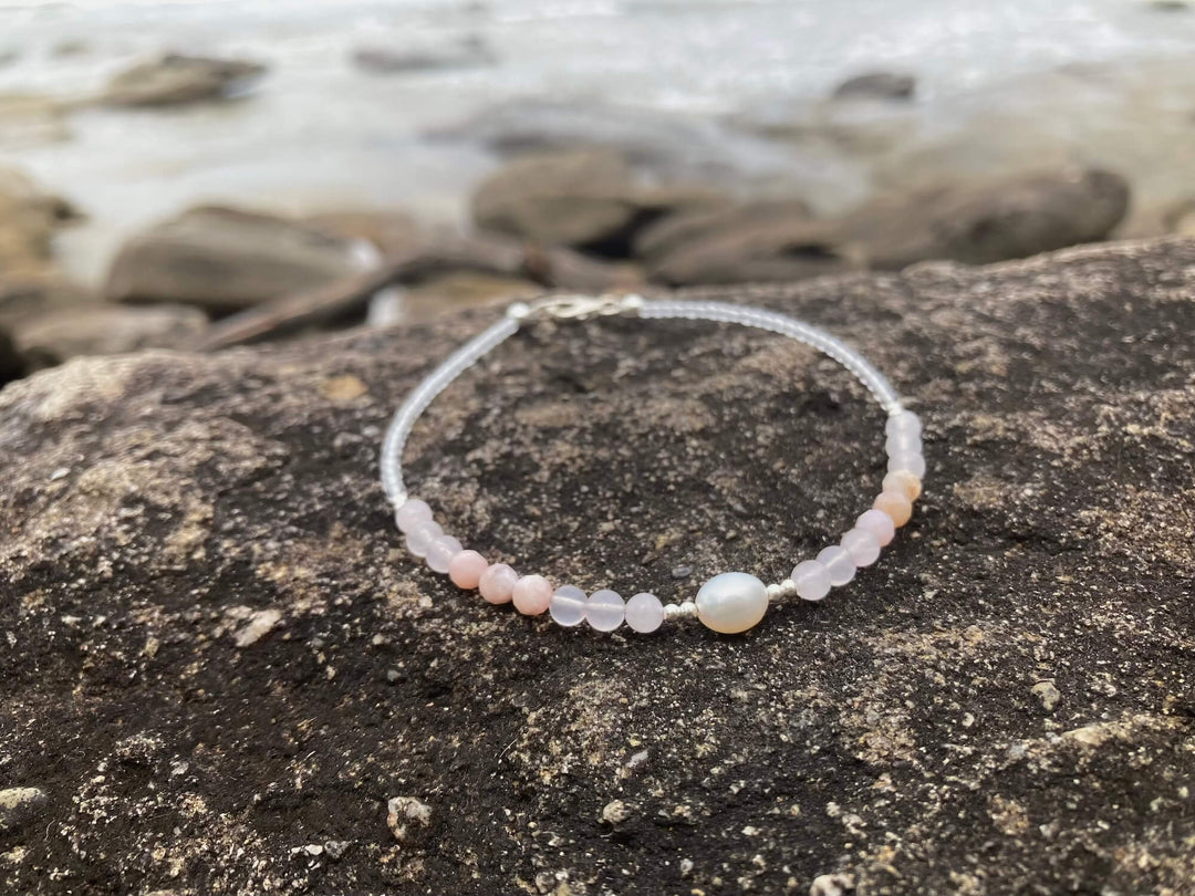 Pink Opal, Rose Quartz & Pearl ladies Anklet