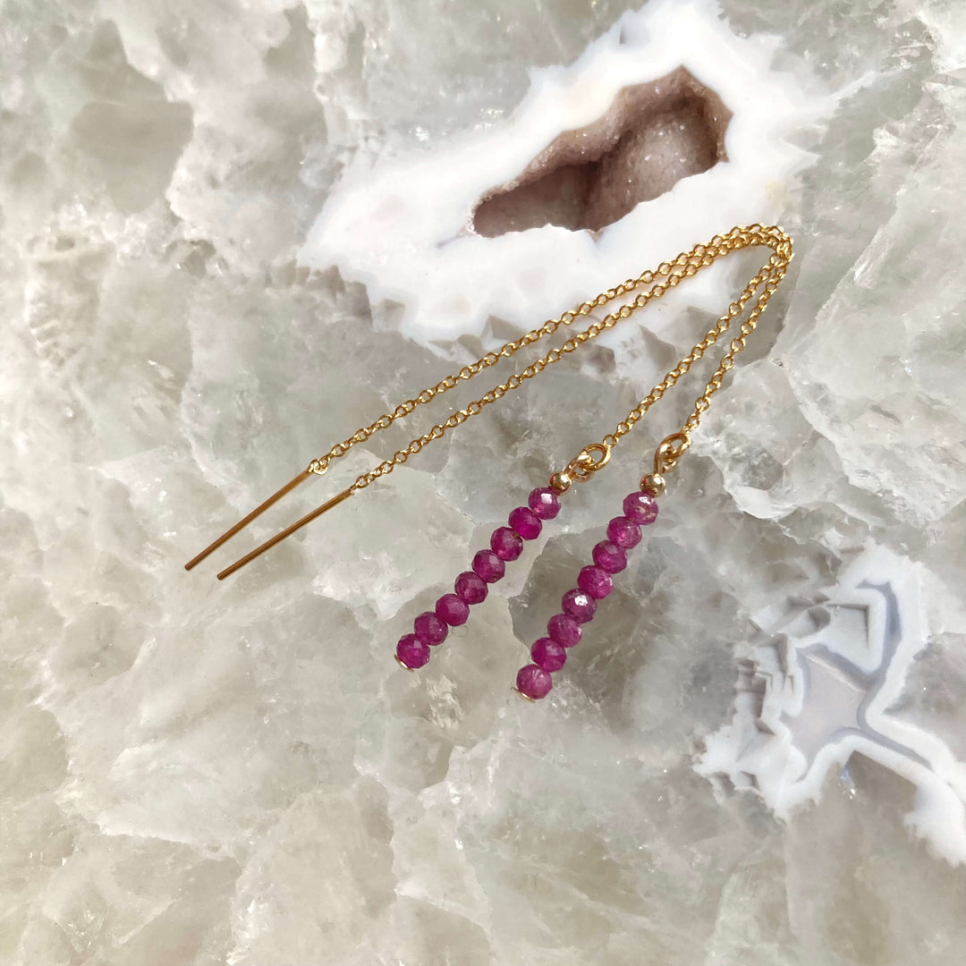 Ruby And Gold Thread Crystal Earrings