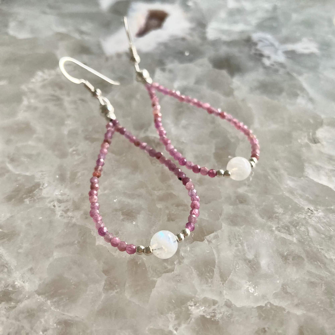 Ruby & moonstone ladies earrings