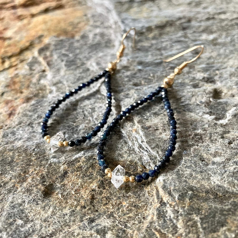 Sapphire and Herkimer Diamond Gold Earrings