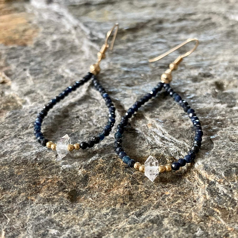 Sapphire and Herkimer Diamond Gold Earrings for healing 