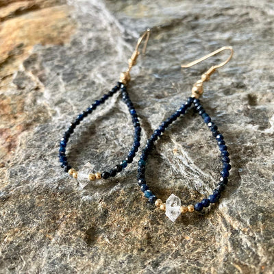 Sapphire and Herkimer Diamond Gold Earrings for ladies