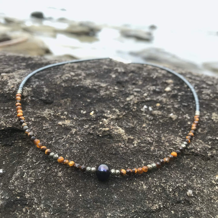 Tiger Eye, Pyrite & Black Pearl Necklace