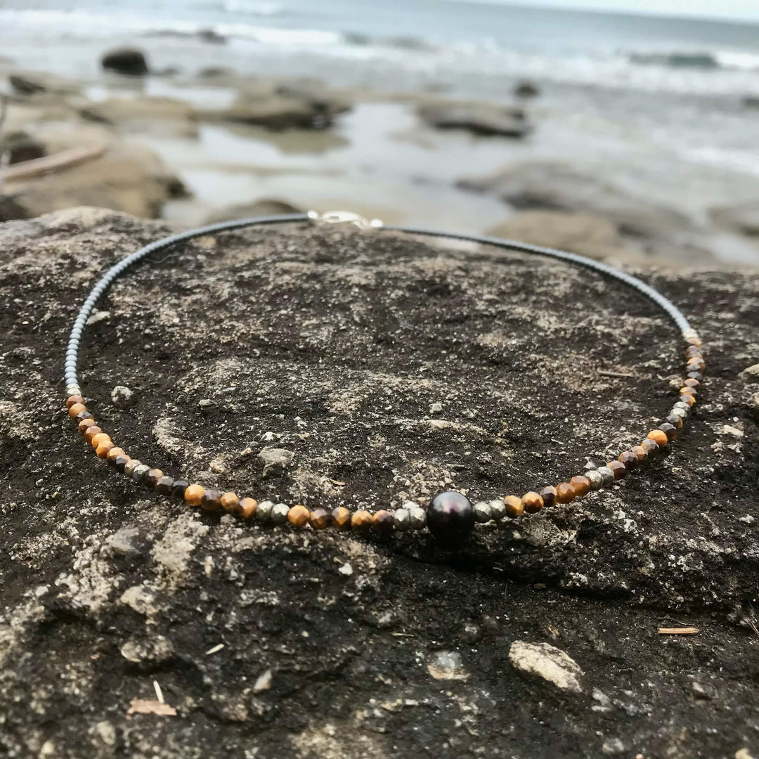 Tiger Eye, Pyrite & Black Pearl Necklace for comfort