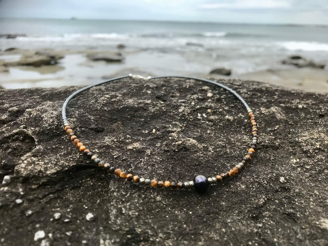 Tiger Eye, Pyrite & Black Pearl Necklace for healing