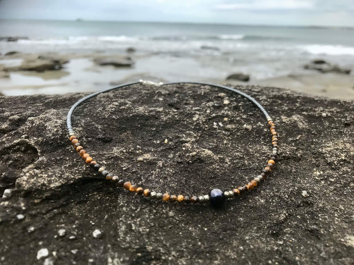 Tiger Eye, Pyrite & Black Pearl Necklace for healing
