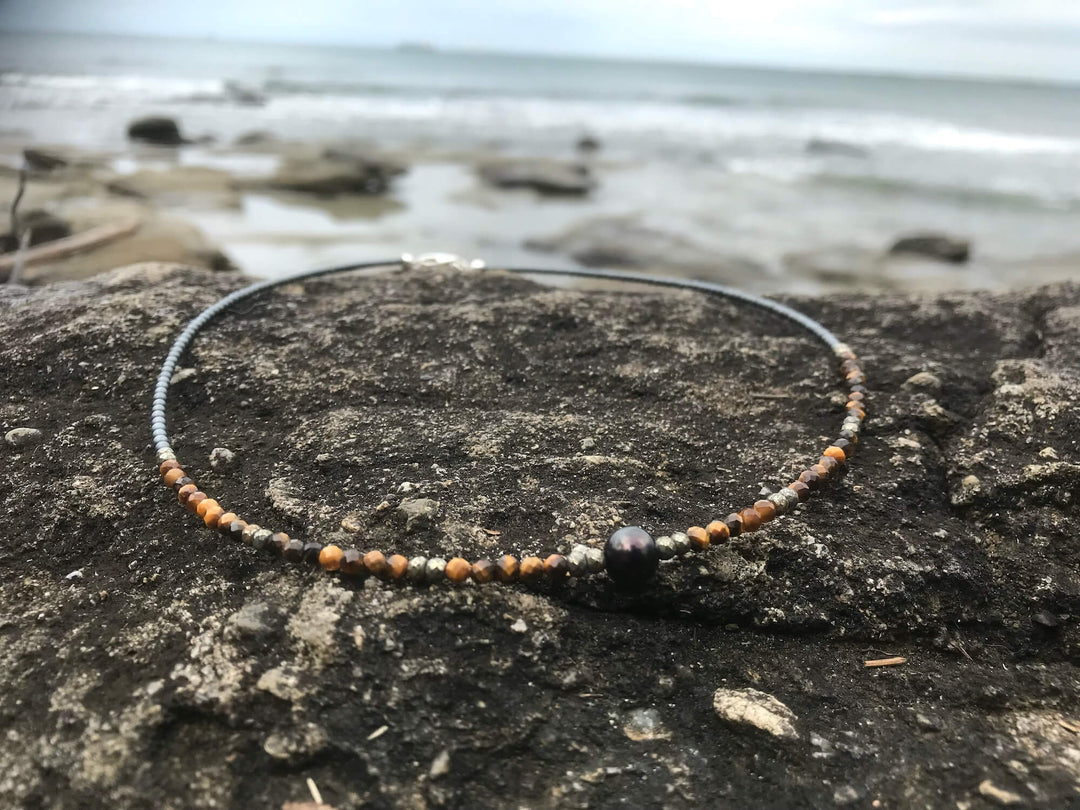 Tiger Eye, Pyrite & Black Pearl Necklace for support