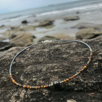 Tiger Eye, Pyrite & Black Pearl crystal Necklace