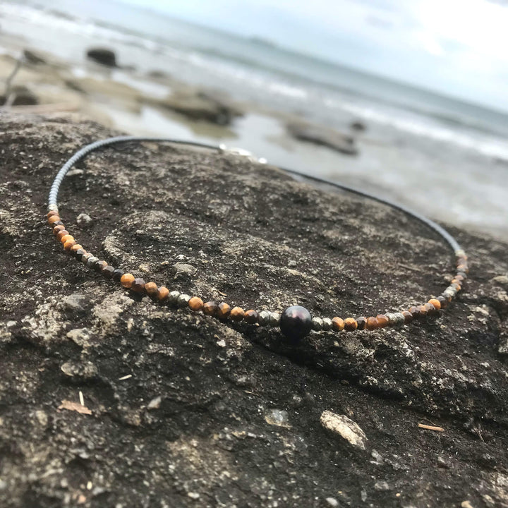 Tiger Eye, Pyrite & Black Pearl healing crystal Necklace