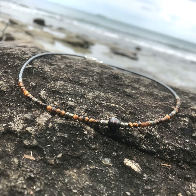 Tiger Eye, Pyrite & Black Pearl healing crystal Necklace