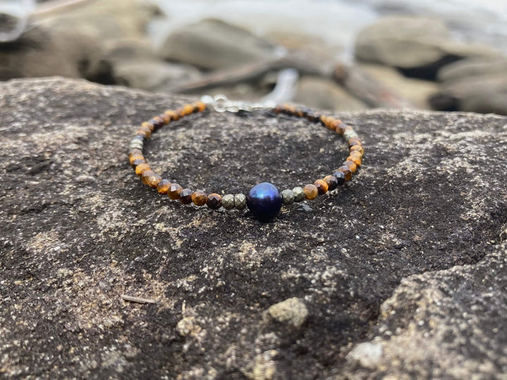 Tiger Eye, Pyrite & Black Pearl Bracelet