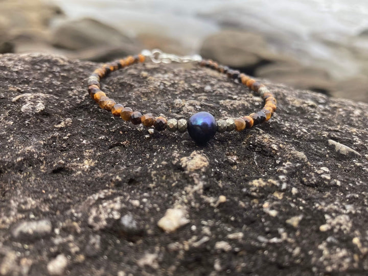 Tiger Eye, Pyrite & Black Pearl Bracelet for healing