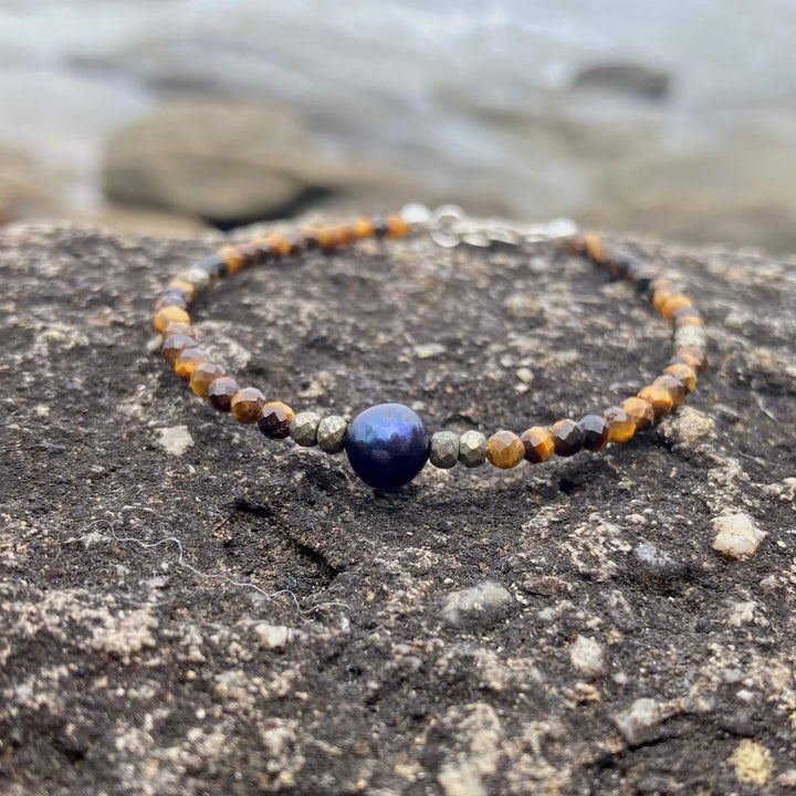 Tiger Eye, Pyrite & Black Pearl Bracelet for support