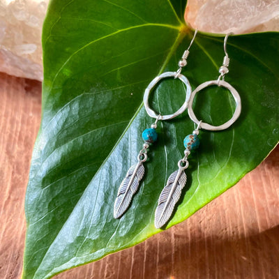 Turquoise & Feather  crystal Earrings