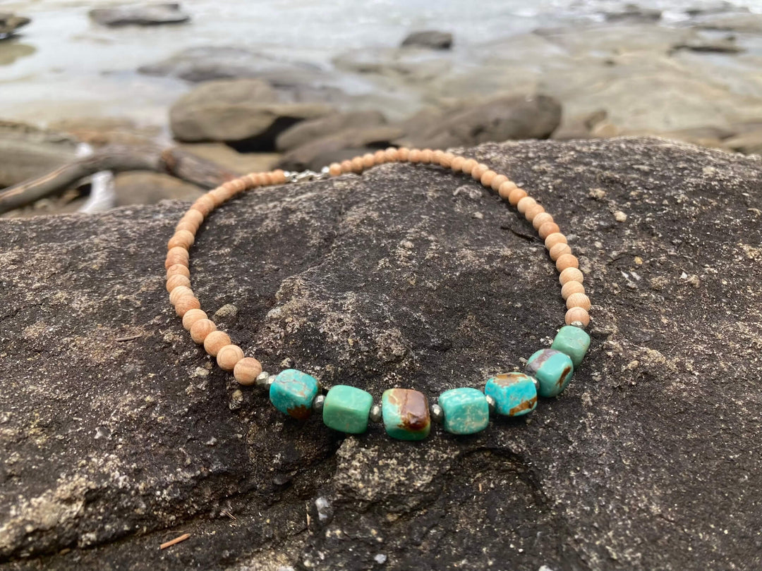 Turquoise Pyrite & Wood Necklace for support