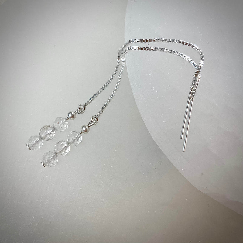 White topaz crystal thread earrings for healing