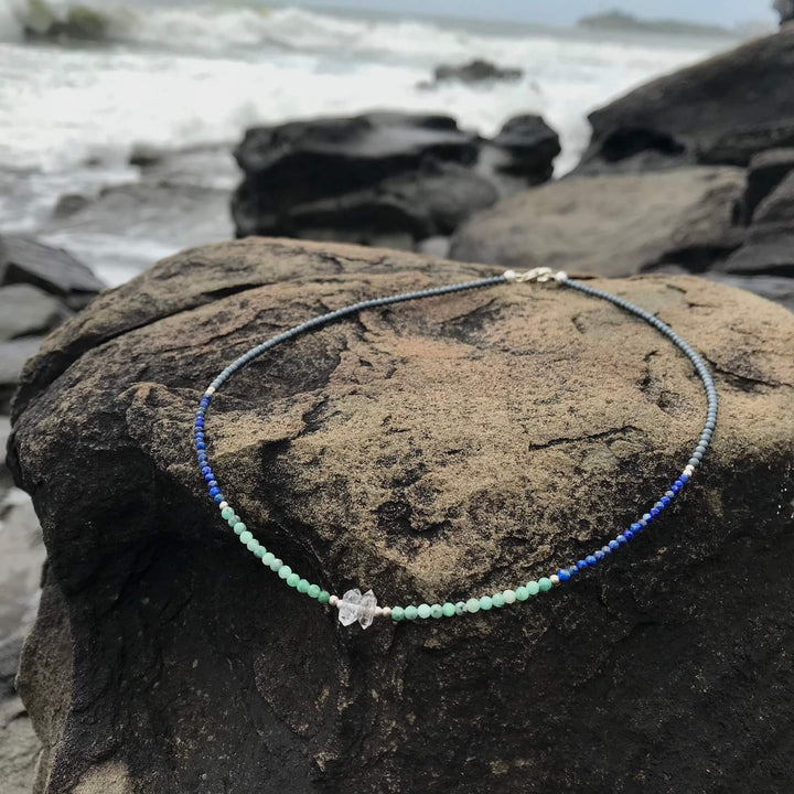 Women's healing healing Lapis Lazuli, Emerald & Herkimer Diamond Necklace