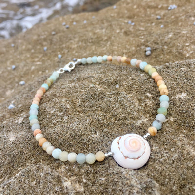 amazonite, sunstone and shell ladies anklet