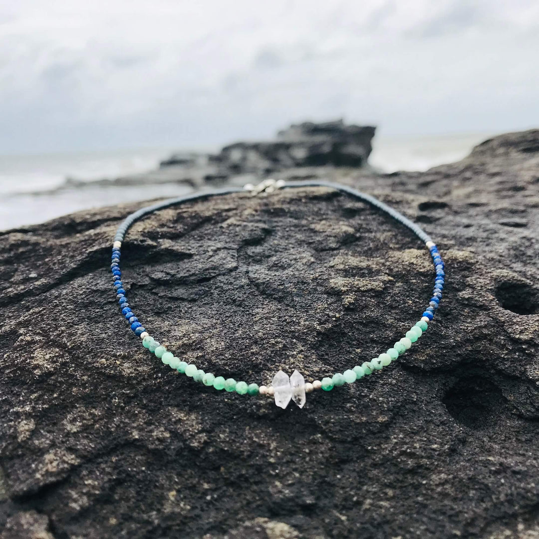 crystal Lapis Lazuli, Emerald & Herkimer Diamond Necklace for healing