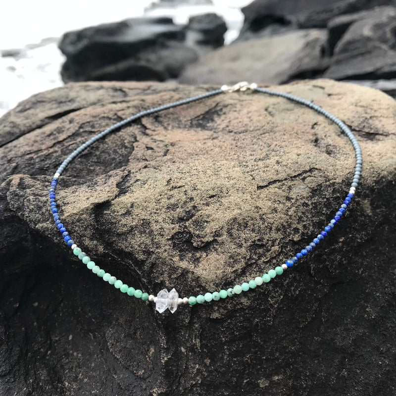 crystal healing Lapis Lazuli, Emerald & Herkimer Diamond Necklace
