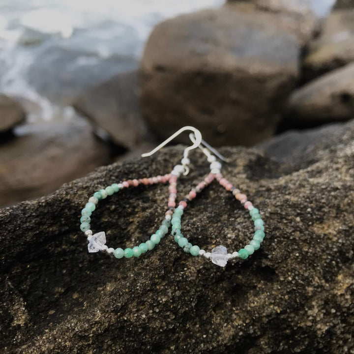 crystal healing Rhodonite, Emerald & Herkimer Diamond earrings