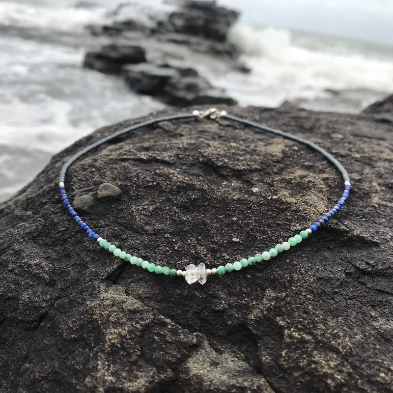 healing Lapis Lazuli, Emerald & Herkimer Diamond Necklace