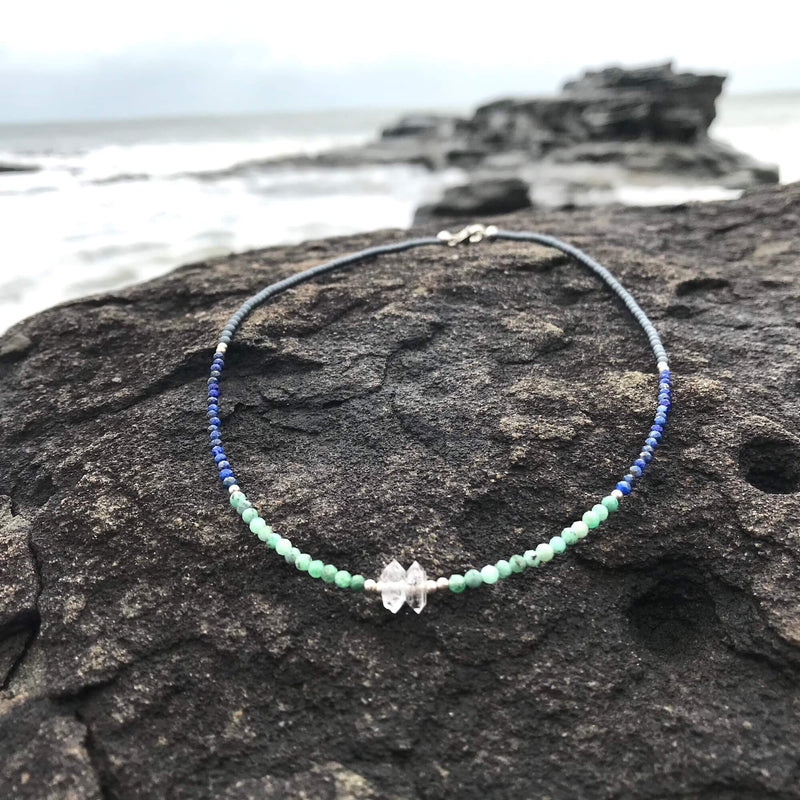 healing Lapis Lazuli, Emerald & Herkimer Diamond Necklace for Women