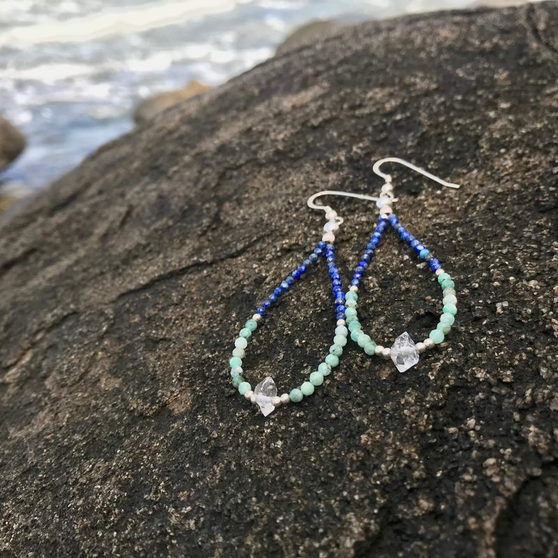 healing lapis lazuli, Emerald & Herkimer Diamond Earrings
