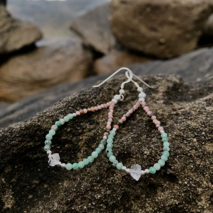 ladies Rhodonite, Emerald & Herkimer Diamond Earrings