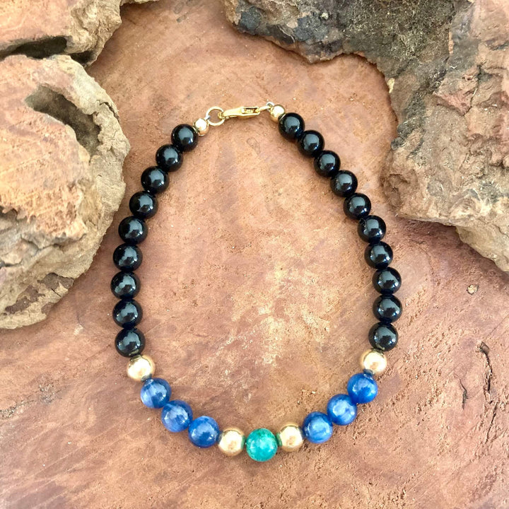 The Trinity Of Healing - Chrysocolla, Kyanite & Black Tourmaline Gold Men's Bracelet for support