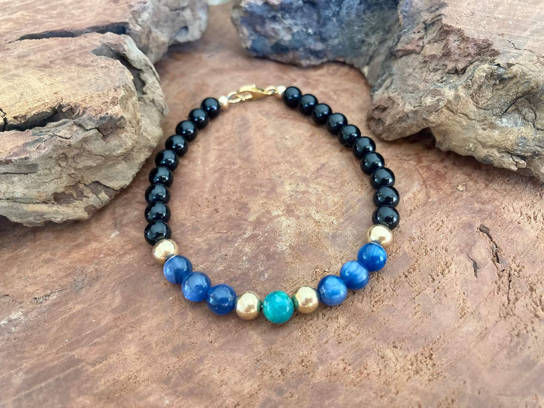 The Trinity Of Healing - Chrysocolla, Kyanite & Black Tourmaline Gold Men's empowerment Bracelet